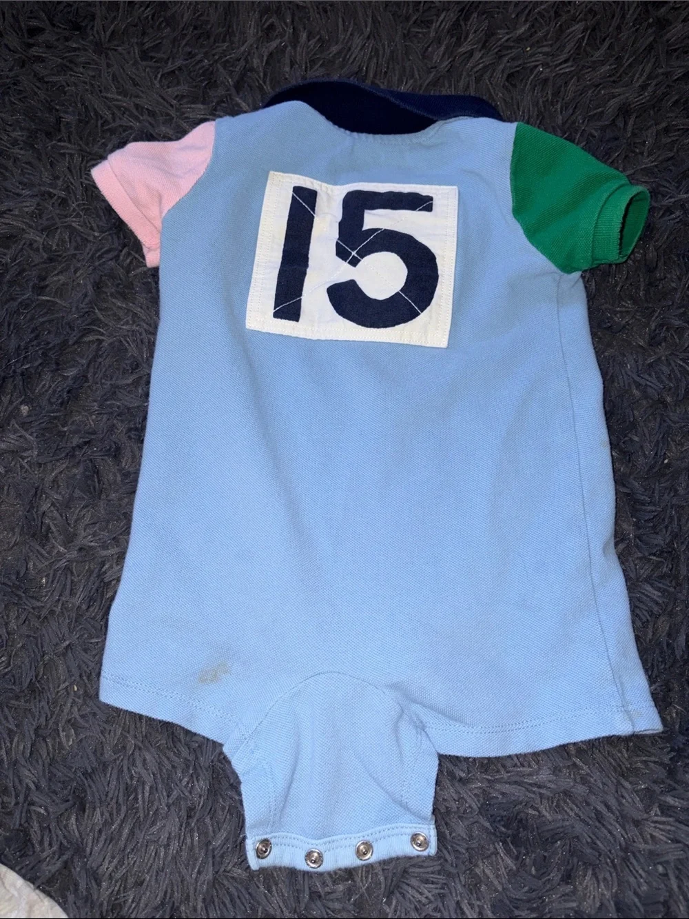 Ralph Lauren Baby Polo Romper - Light Blue with Navy Stripe